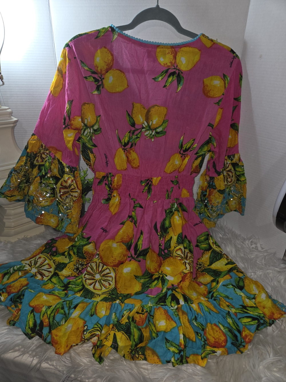 Giacomo Cinque Sequin Vibrant Pink Lemon-Print Mini Dress with Tassel Tie - Picture 6 of 12